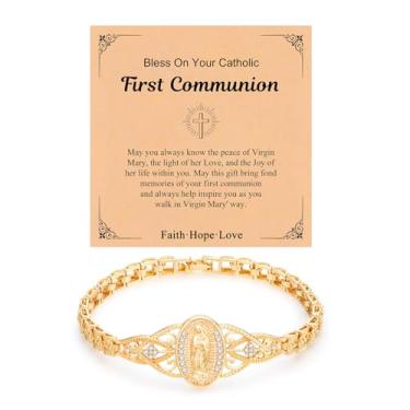 Imagem de Pulseira feminina de ouro virgem maria - pulseira católica banhada a ouro 14k, zircônia cúbica não manchada joia religiosa dourada Virgem de Guadalupe, confirmação de fé, primeira comunhão, madrinha