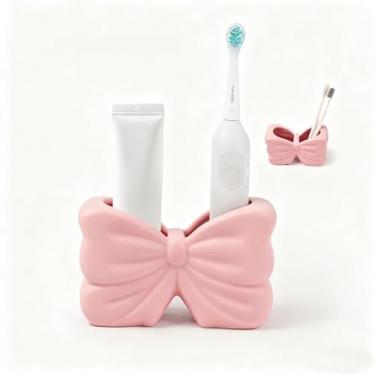 Imagem de Zaposcca Suporte de escova de dentes de laço, organizador multiuso de 2 seções de cerâmica para banheiro, cozinha, quarto, decoração de escritório (silicone rosa fosco, gravata borboleta)