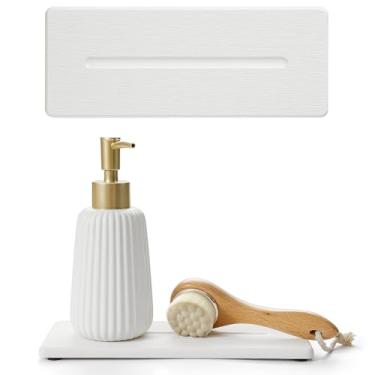 Imagem de Pacote com 2 bandejas de pia de pedra de diatomita, tapete absorvente de água para balcão de cozinha e banheiro, saboneteira de secagem rápida, organizador de esponja, branco - 2 peças de 23 x 9 cm