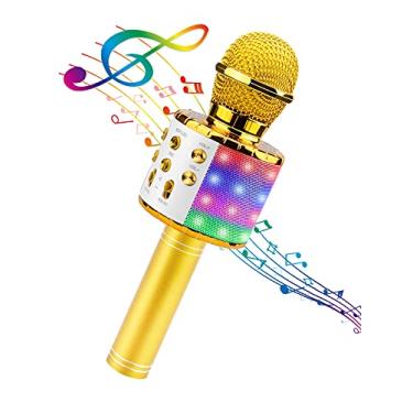 Imagem de BlueFire Microfone sem fio de karaokê 4 em 1 com luzes LED, microfone portátil para crianças, meninas, meninos e adultos (ouro)
