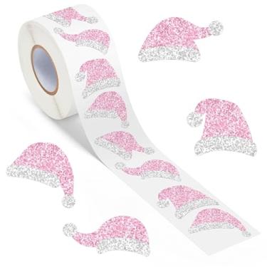 Imagem de DSjuedui Adesivos a laser de chapéu rosa de Natal - 500 peças de adesivos de chapéu de Papai Noel rosa a laser com glitter para crianças e adultos, decalques brilhantes à prova d'água de Natal com 4