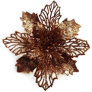 Imagem de GL-Turelifes 12 peças 16,3 cm de diâmetro glitter flores de natal café poinsétia flor artificial guirlanda de natal árvore de natal flores ornamentos de árvore com 12 peças haste de flor verde