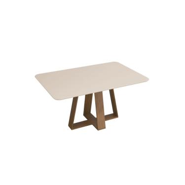 Imagem de Mesa De Jantar Kiara Tampo Chanfrado Curvo Madeira E Vidro Pintado Freijó Com Off White