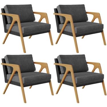 Imagem de Kit 04 Poltronas Pietra Couríssimo Preto Linho Cinza Escuro