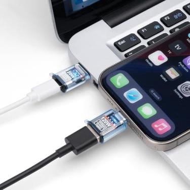 Imagem de Adaptador USB-A de 120 W para USB-C OTG (pacote com 2) para carregamento rápido, entrada de fone de ouvido e transferência de dados 3 em 1 - azul transparente