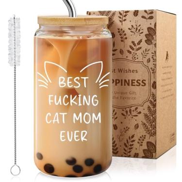 Imagem de MOREYUYEE Copo de vidro Cat Mom presente para mulheres, copos de 473 ml com tampa e canudo, presentes temáticos de gatos para o Natal, amante de gatinhos, filha, irmã, tia, enfermeira, esposa, melhor