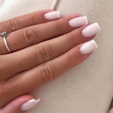 Imagem de 24 peças de unhas postiças médias, unhas brancas de ponta francesa, unhas postiças de acrílico de cor pura elegante com adesivos de cola, adesivos reutilizáveis de cobertura completa para mulheres