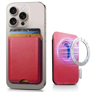 Imagem de SOUNDBYTE Carteira magnética mais forte para iPhone 16/15/14/13/12 e para capas MagSafe | Suporte magnético de couro com bloqueio de RFID N52 com ímãs poderosos | Comporta 3 cartões | Vermelho