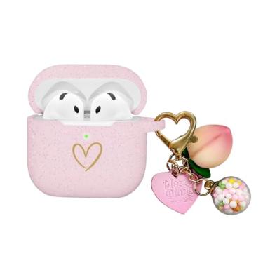 Imagem de AIIEKZ Compatível com AirPods 4 2024, capa de silicone macio com padrão de coração dourado para AirPods 4ª geração, capa com pingente fofo chaveiro para meninas e mulheres (ouro rosa)
