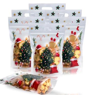 Imagem de Adehevio Sacos Ziplock de Natal resseláveis, 50 peças de sacos de biscoito transparentes de Natal com alças para festa de Natal, doces, pequenos suprimentos de embrulho de presente decoração