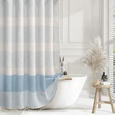 Imagem de XOGUIBO Cortina de chuveiro azul aqua linho litoral oceano listrado cortinas de chuveiro para banheiro com borlas 182 x 182
