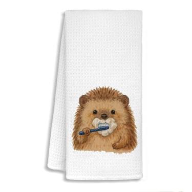 Imagem de STHTTSW Toalhas de cozinha fofas de ouriço, presentes de ouriço para mulheres, ouriços engraçados escovando dentes toalhas de mão decorativas para crianças, meninos, meninas, banheiro, banheiro