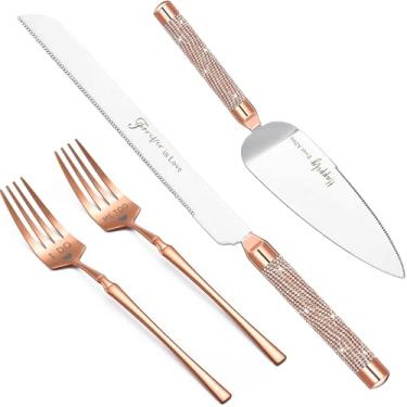 Imagem de Conjunto de faca e servidor de bolo de casamento, aço inoxidável 420, cortador de bolo e cortador de torta, conjunto de corte de bolo com cabo cravejado de strass para presentes de casamento, presentes de noivado para noivo e noiva