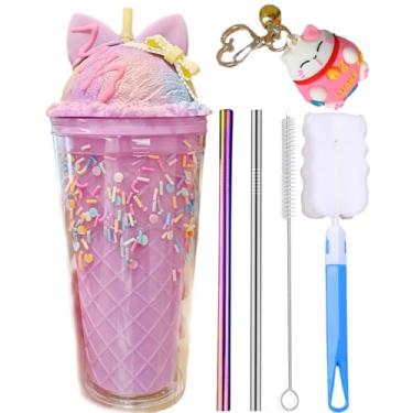 Imagem de Copos de viagem de unicórnio de chocolate com canudos, sorvete, coelhinho, bebidas, garrafa de água, orelha de biscoito, caneca de café, copo de plástico reutilizável, presente de aniversário