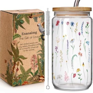 Imagem de Copo de café com flores silvestres de 473 ml, copos de vidro com tampas de bambu e canudos, presente para mulheres, copo de flor fofo com escovas de limpeza, presentes de flores para o dia das mães