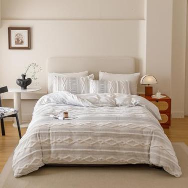 Imagem de Luxlovery Conjunto de edredom boêmio, branco, casinha de fazenda, branco, jacquard, boêmio, durável, macio, respirável, 3 peças, conjunto de edredom Queen