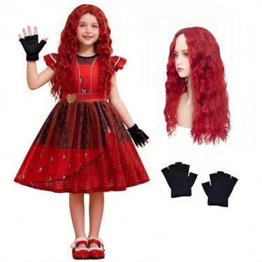 Imagem de Btonai Vestido vermelho de cintura para meninas, fantasia de princesa vermelha com peruca e luvas para festa de Páscoa, roupas de 3 a 9 anos