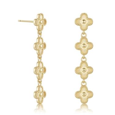 Imagem de Brincos femininos com pingente de flor de trevo | Brincos de gota floral para presente de noiva de 3,8 cm, Latão, Sem pedra preciosa