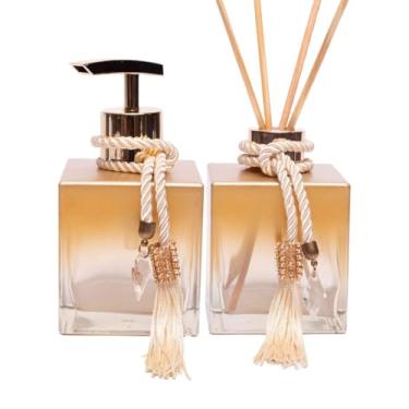 Imagem de Kit de Vidros Cubo Degradê Dourado – Saboneteira e Aromatizador de Luxo com Varetas de Madeira – 250ml(Dourado)