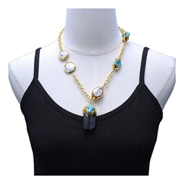 Imagem de Acessórios de moda joias moeda branca pérola keshi pérola azul turquesa corrente declaração colar preto turmalinas pingente áspero