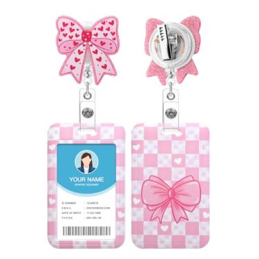 Imagem de Soleebee Porta-crachá de identificação com carretel retrátil, lindo carretel de crachá de acrílico rosa choque com suporte para cartão, clipe de crachá com clipe de jacaré giratório de 360° para