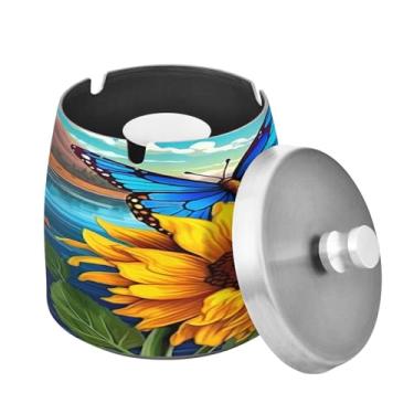 Imagem de Blueangle Cinzeiro de borboleta de girassol com tampa para cigarros, à prova de vento/chuva, aço inoxidável, sem fumaça, inodoro, cinzeiro para uso interno ou externo (431)