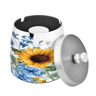 Imagem de Blueangle Cinzeiro de girassóis bluebells com tampa para cigarros, à prova de vento/chuva, aço inoxidável, sem fumaça, inodoro, cinzeiro para uso interno ou externo (436)