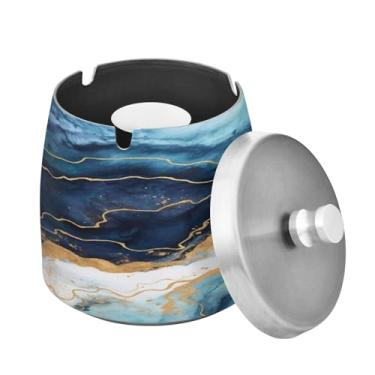 Imagem de Blueangle Cinzeiro de mármore azul dourado com tampa para cigarros, à prova de vento/chuva, aço inoxidável, sem fumaça, inodoro, cinzeiro para uso interno ou externo (480)