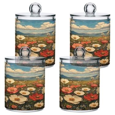 Imagem de ATTX Dispensador vintage para pintura a óleo de flores silvestres para bola de algodão, cotonete, frasco de boticário de plástico transparente, pote de armazenamento de cozinha para decoração de casa