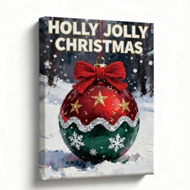 Imagem de Arte de parede de Natal, impressão em tela de enfeite de azevinho alegre, bugiganga vermelha e verde na neve, decoração aconchegante para quarto de lareira e cornija, estilo clássico a óleo, envolto