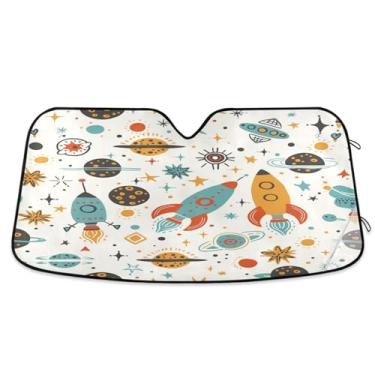 Imagem de ATTX Para-brisa de carro Cartoon Rockets 134.6 cm x 59.7 cm Escudo solar universal com proteção UV, persiana de janela frontal automática dobrável para caminhões Sedans SUVs #186