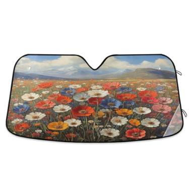 Imagem de ATTX Pintura a óleo vintage flores silvestres pára-brisas para carro 144.8 cm x 80.0 cm escudo solar universal com proteção UV, persiana de janela frontal automática dobrável para sedãs SUVs caminhões