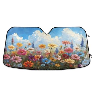 Imagem de ATTX Flores silvestres pintura a óleo pára-brisa carro 134.6 cm x 59.7 cm escudo solar universal com proteção UV, persiana de janela frontal automática dobrável para sedãs SUVs caminhões #475