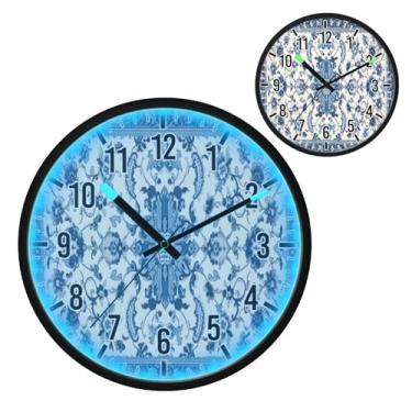 Imagem de Relógio de parede LED que brilha no escuro e ativado por voz, silencioso, padrão azul e branco de 30,5 cm, operado por bateria para decoração de quarto e sala de estar (296)