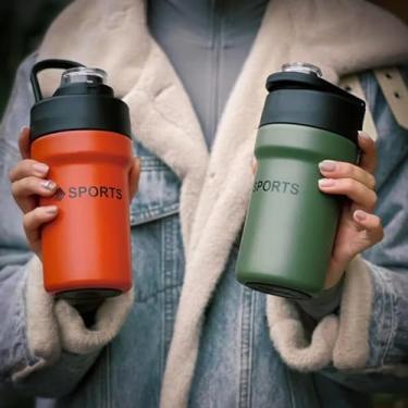 Imagem de Garrafa Térmica de Aço Inoxidável 500ml, Preto, Com Tampa Com Trava de Segurança, Isolamento a Vácuo, Alça e Canudo, Para Academia e Bebidas Quentes