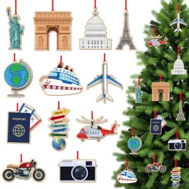 Imagem de Conjunto de enfeites de viagem 2025-12 peças para árvore de Natal, bilhete de avião, câmera, sinalização mundial, temática de viagem, presente para viajantes, mulheres aventureiras
