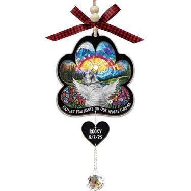 Imagem de CoCray66 Cão Bulldog Memorial Suncatcher com cristal pendurado - 2 camadas de madeira e acrílico em forma de pata arco-íris ponte anjo cão com caneta para adicionar o nome do animal de estimação