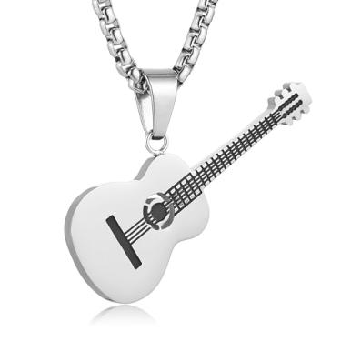 Imagem de HZMAN Colar com pingente de guitarra para amantes de música - ouro, prata e aço inoxidável preto pingente de instrumento musical presente para guitarristas, homens e mulheres, Aço inoxidável, Sem