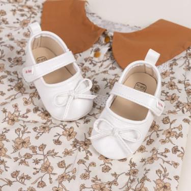 Imagem de Sapatilhas Mary Jane para bebês meninas com laço couro PU antiderrapante sola macia sapatos de casamento princesa primeiro andador, Branco, 12-18 Months Toddler