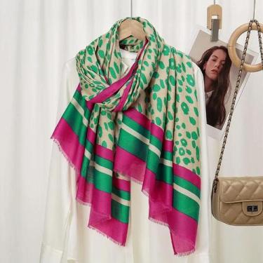 Imagem de Xale Com Franjas Listrado De Leopardo Pashmina 180x90cm Lenço De Visco