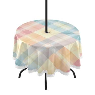 Imagem de CEBUGI Toalha de mesa redonda para uso ao ar livre, estampa xadrez pastel, à prova d'água, com furo Umberlla, capa de mesa lavável para pátio, cozinha, sala de jantar, 152 cm