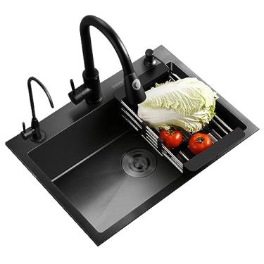 Imagem de PVXMQFFA Pia de sifão de aço inoxidável para cozinha cozinha pia de sifão com torneira bar de apartamento bancada piscina de água multitamanho tigela única pias pias (cor: preto, tamanho: 68 * 45 * 21