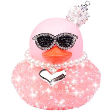 Imagem de CoFuBcad Ornamentos de carro de pato de borracha de strass grandes de 8,5 cm, decorações de painel de carro de patos de diamante brilhante com coroa de corrente de pérolas, óculos de sol, festa de