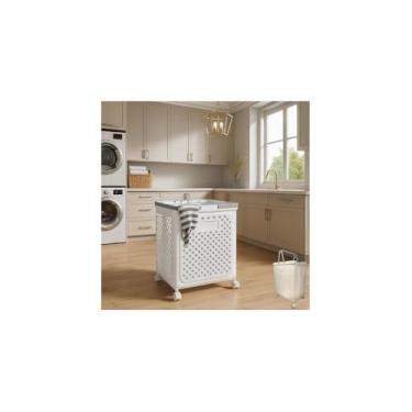 Imagem de Cesto Organizador Dobrável com Rodinhas, Plástico Resistente, Bege, 42x26x39cm, Estrutura Ventilada, para Roupas e Brinquedos