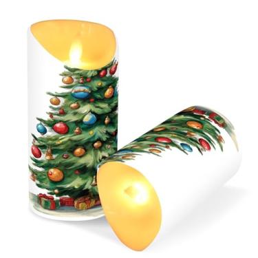 Imagem de ATTX Pacote com 2 velas de árvore de Natal em aquarela – 7,6 cm x 9,9 cm de LED com controle remoto e temporizador para casa, casamento, decoração de acampamento #494