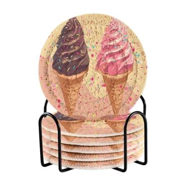 Imagem de SEHANY Conjunto de 6 porta-copos fofos de sorvete com suporte, porta-copos redondos absorventes de algodão resistente ao calor para mesa de jantar, canecas de café, proteção de copos, 10 cm