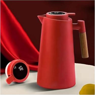 Imagem de Garrafa Térmica 1L com Termômetro Digital LED e Cabo de Madeira – Para Café, Chá e Bebidas Quentes ou Frias – Design Moderno e Sofisticado para Mesa Posta e Cozinha – (Vermelho)