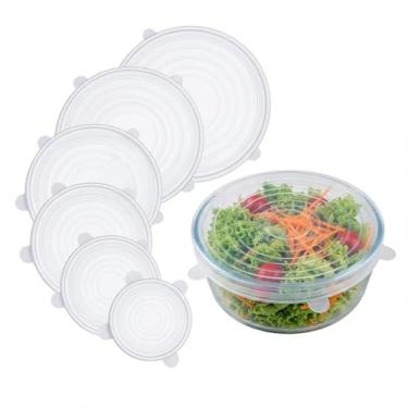 Imagem de Kit 6 Tampas de Silicone Elástica Universal – Reutilizável, Vedação Hermética, Sem BPA, para Potes, Panelas e Frutas (Transparente/Branco)
