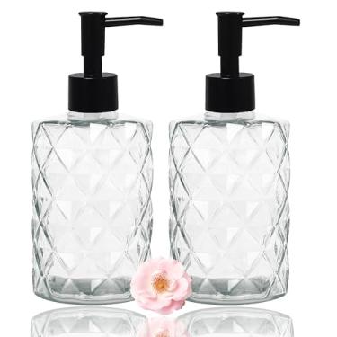 Imagem de Dispensador de sabão de vidro cristalino com bomba preta, pacote com 2 dispensadores de mão de diamante de 355 ml, dispensador de sabão de banheiro para líquido, gel de banho