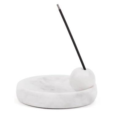 Imagem de Elysian Marble Placa de suporte de incenso, queimador de pedra decorativa branca feita à mão para palitos de incenso, palo santo e sálvia, acessórios de meditação de luxo e decoração de casa exclusiva